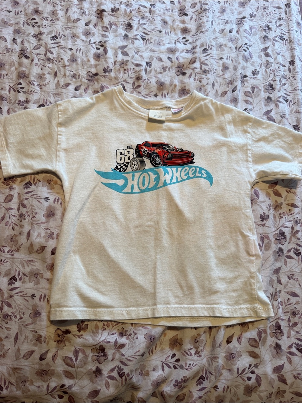 Zara White Tee with Red Race Car and Teal Hot Wheels Logo